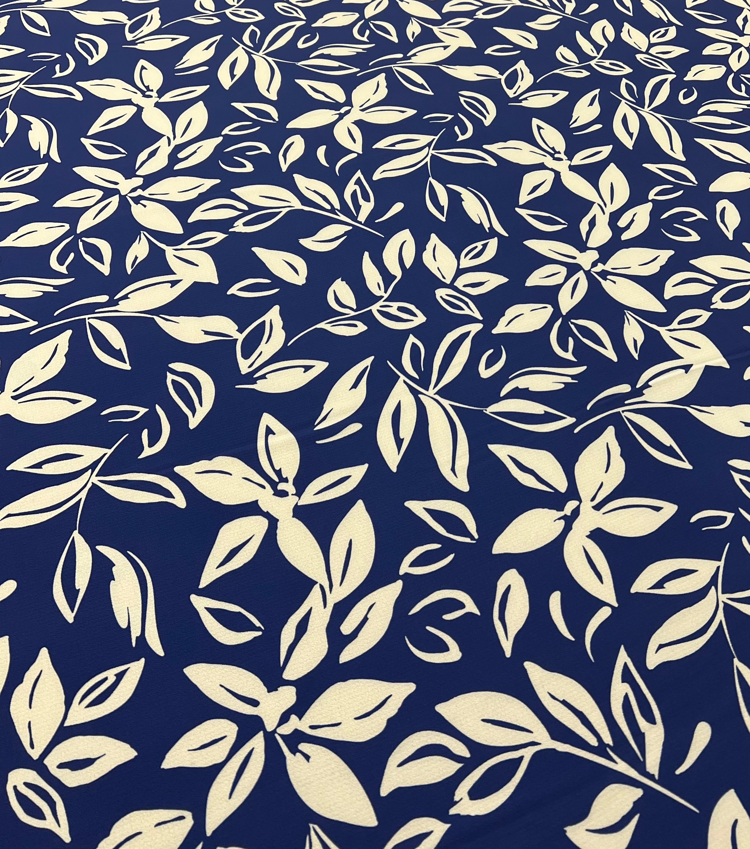 Blue Leaf Print Lightweight Bubble Crepe Fabric